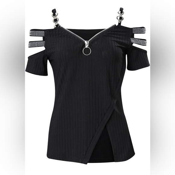 Sexy V-Neck Black Cold Shoulder Ribbed Knit Top with V Slit at Waist, size S M L - Picture 4 of 14